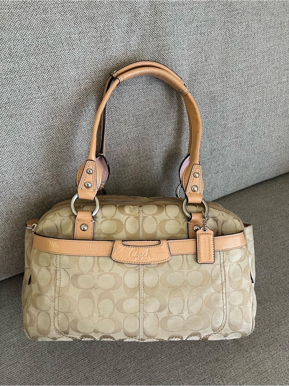 Coach Y2K Beige with Pink Interior Signature Canvas Shoulder Bag with Tan Trim